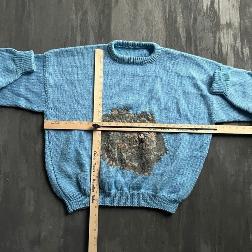 Vintage Cat Sweater Medium Blue 1980s Hand Knit - Picture 5 of 8